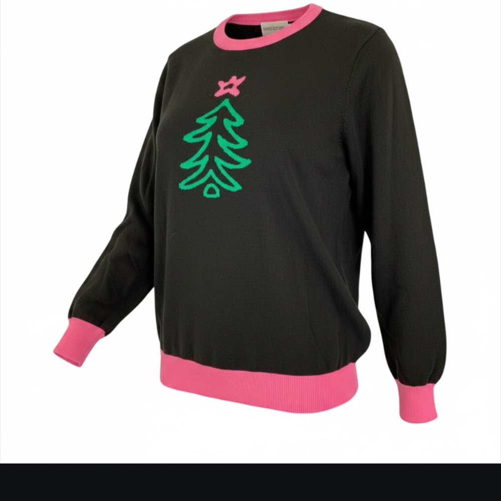 OXKnit black Christmas sweater with green and pink accents size XL
